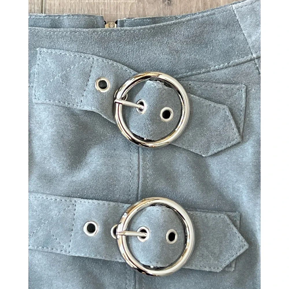 NEW UNDERSTATED LEATHER x FREE PEOPLE GRAY SUEDE BUCKLE MINI SKIRT RETRO SZ XS